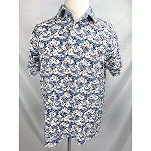 Tommy Hilfiger Men LARGE Yellow Blue Floral Hawaiian Short‎ Sleeve Polo Shirt